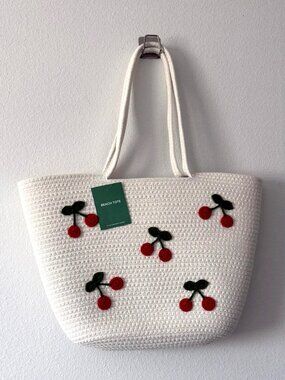 Rope Woven Tote White Bag Knitted Cherry Accents NWT